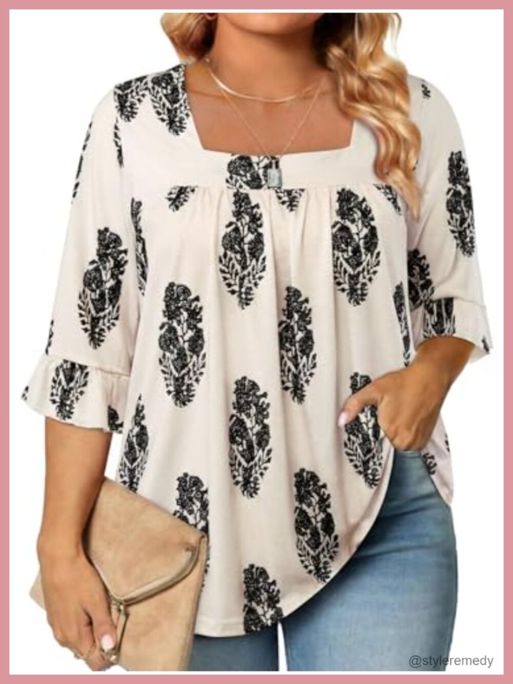 Plus Size Tunic Top 3/4 Ruffle Sleeve Square Neck Loose Flowy Blouse